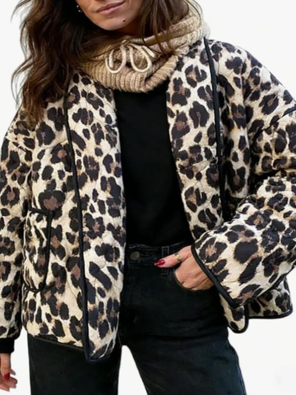 NWT ATOFY Leopard Print Quilted Puffer Jacket Oversized Cropped Coat-Size Large